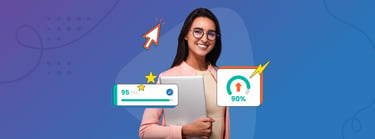 Image of a marketer surrounded by icons symbolizing website conversion rate metrics, such as graphs, percentages, and arrows